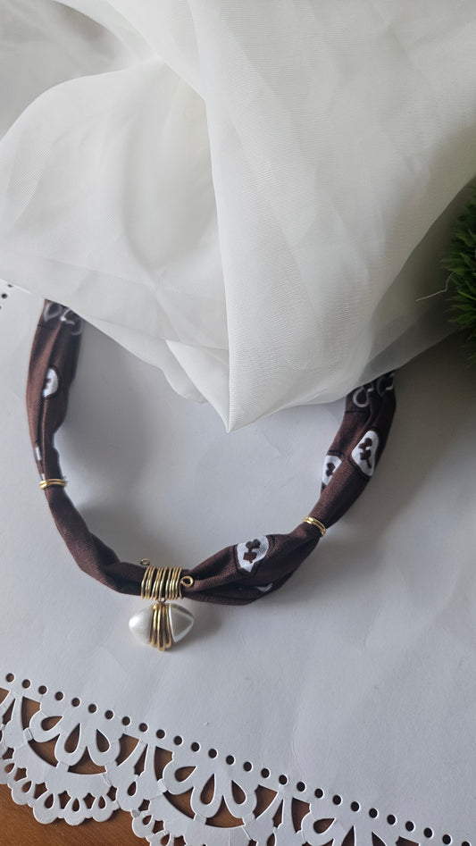 Brown Bandana Necklace with Pearl Detail