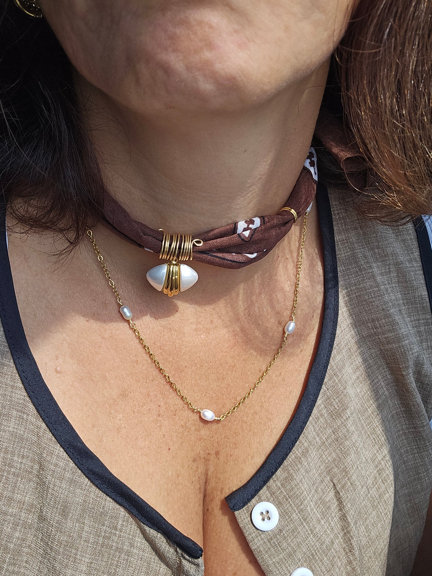 Brown Bandana Necklace with Pearl Detail