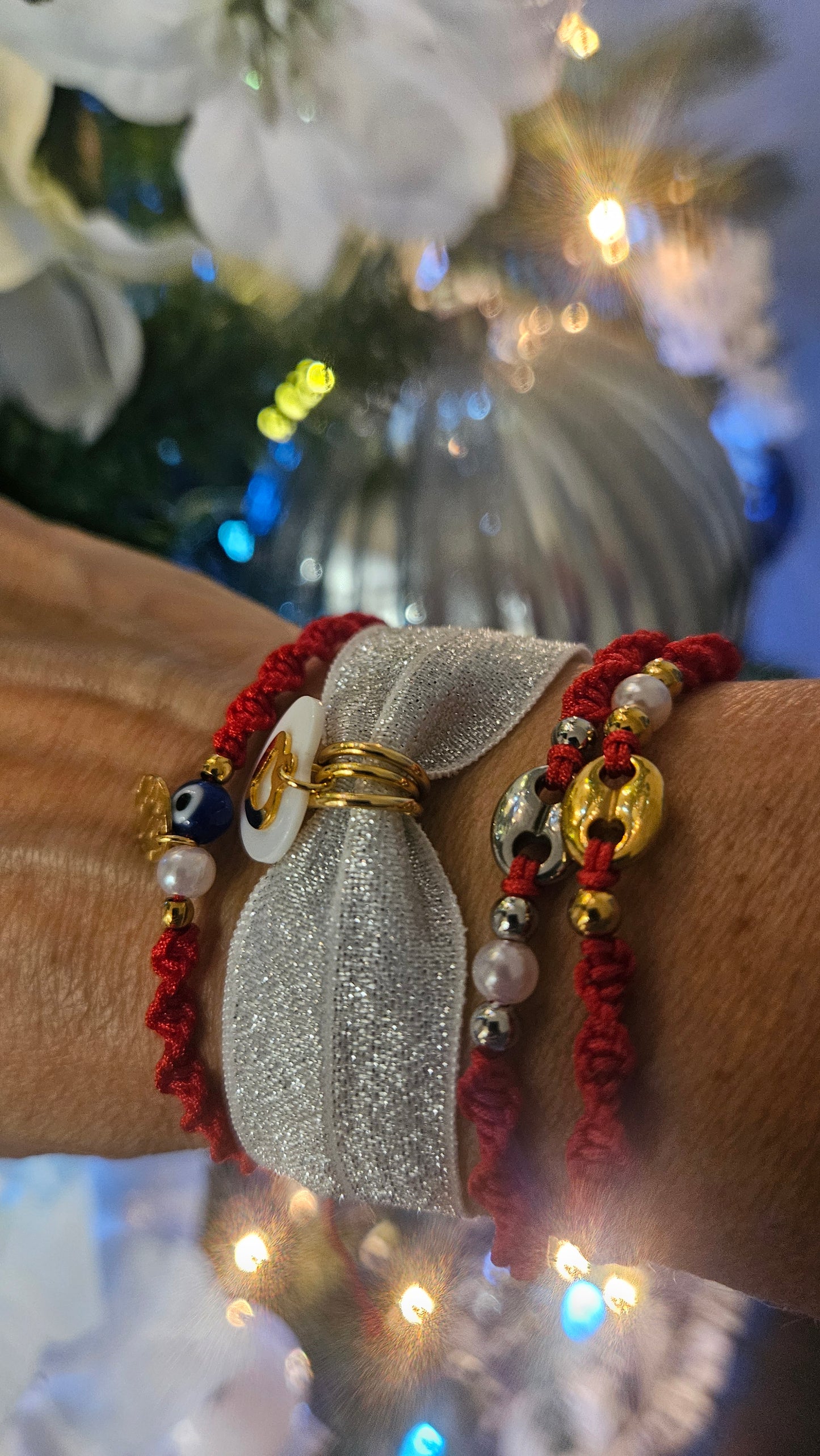 Set of 5 Red Thread Bracelets with Protective Eye and Pearl