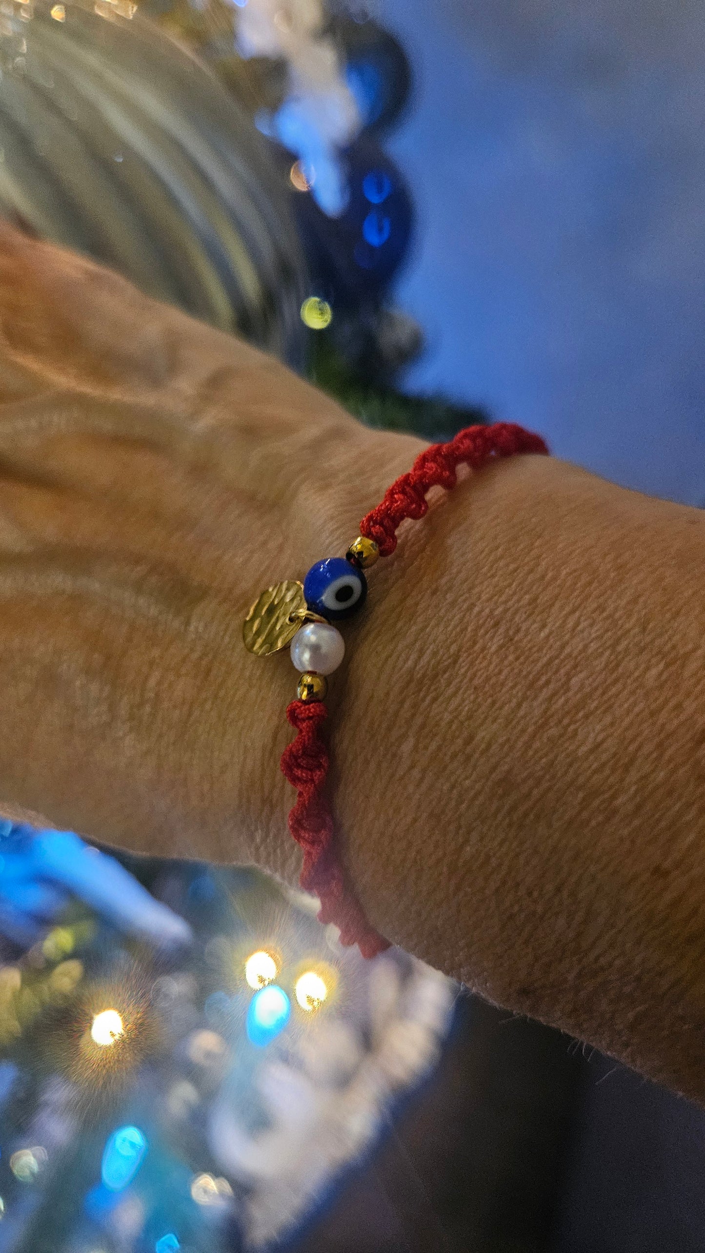 Set of 5 Red Thread Bracelets with Protective Eye and Pearl