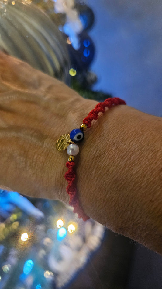 Set of 5 Red Thread Bracelets with Protective Eye and Pearl